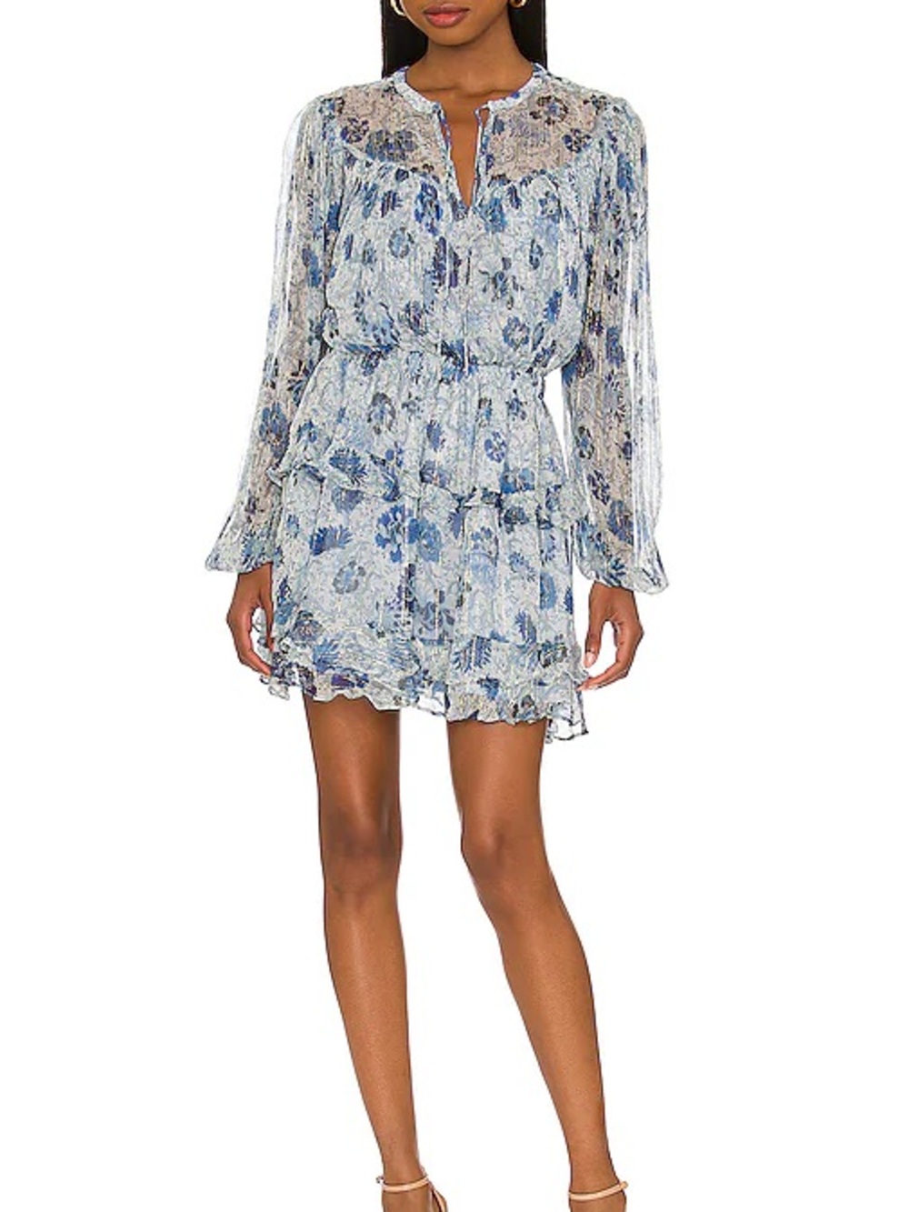 Tularosa Blue Floral Tiered Long-Sleeve Mini Dress